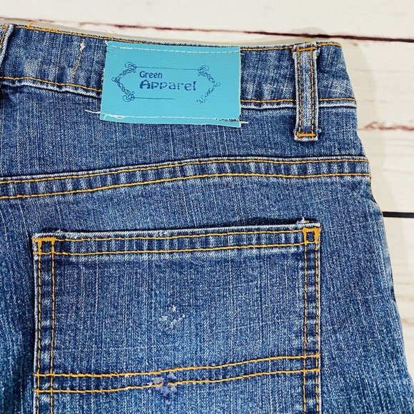 Green Apparel Jean Shorts Womens Size 6 Denim Embroidered Flowers Long Hippie - Picture 6 of 9